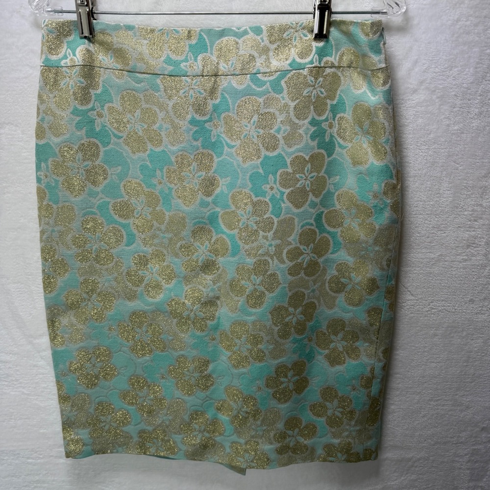 Banana Republic Womens 8 Blue Gold Metallic Silk Blend Floral Brocade Skirt